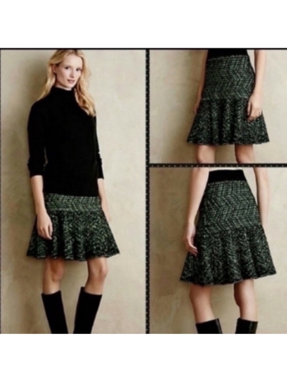 Anthro Wool Boucle Knit Skirt Size XS Lime Green Black Flare Stretchy Waistband